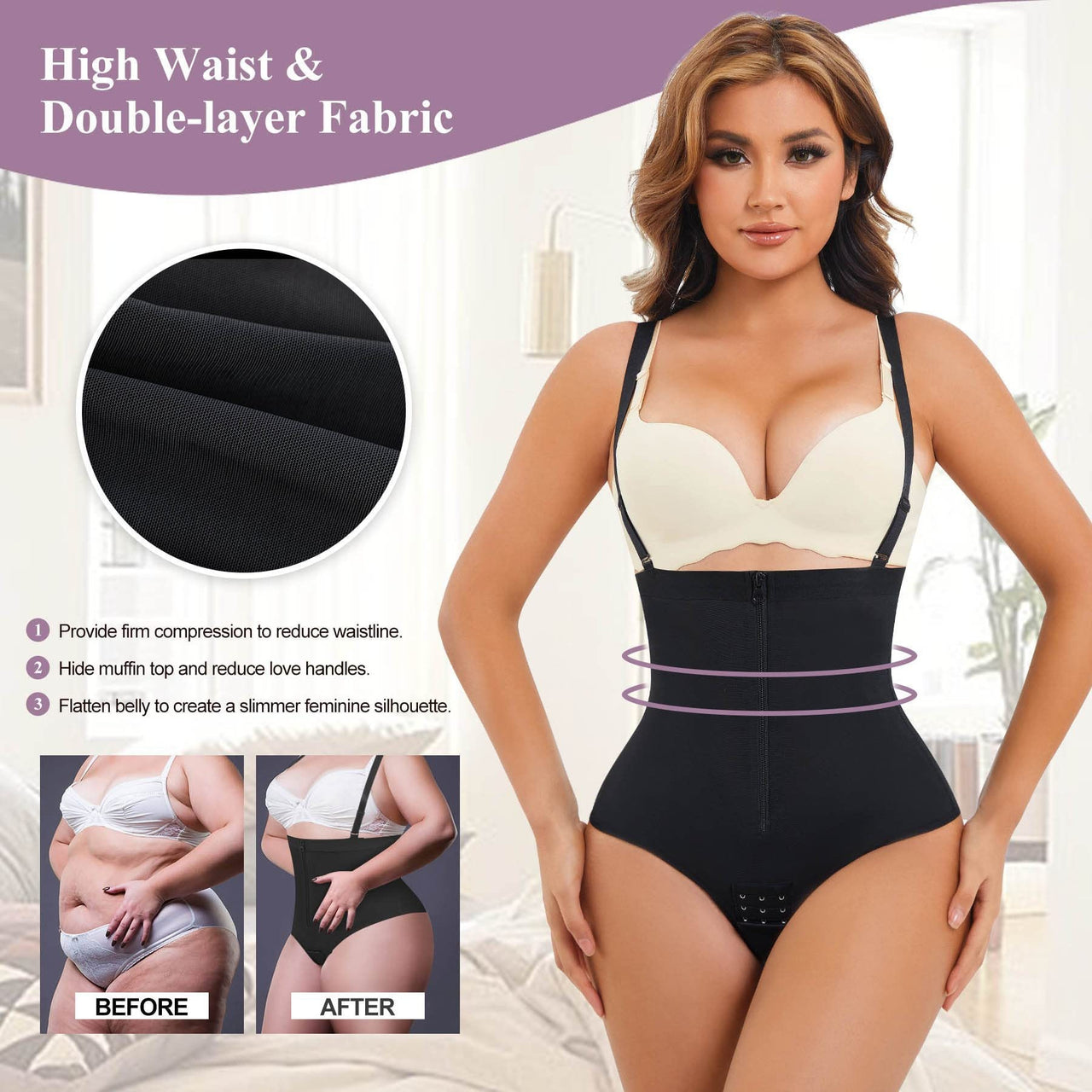 Zippered double tummy-control briefs with hip lift and open crotch