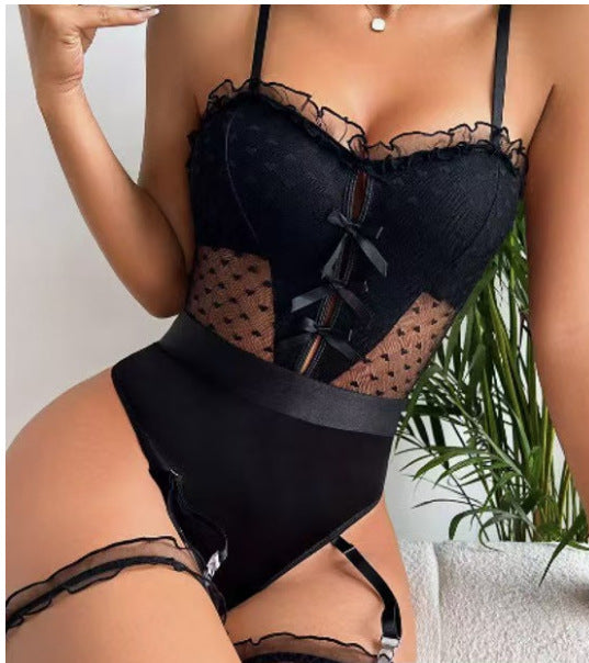 Lace see-through backless bodysuit
