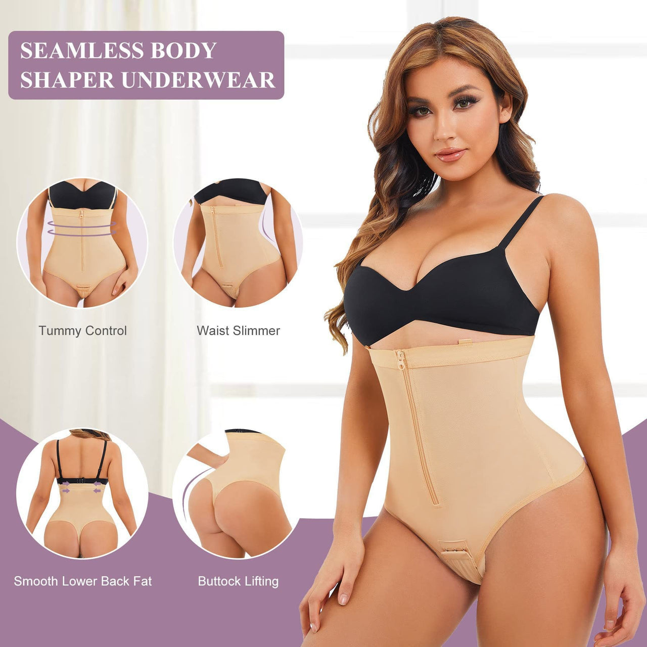Zippered double tummy-control briefs with hip lift and open crotch