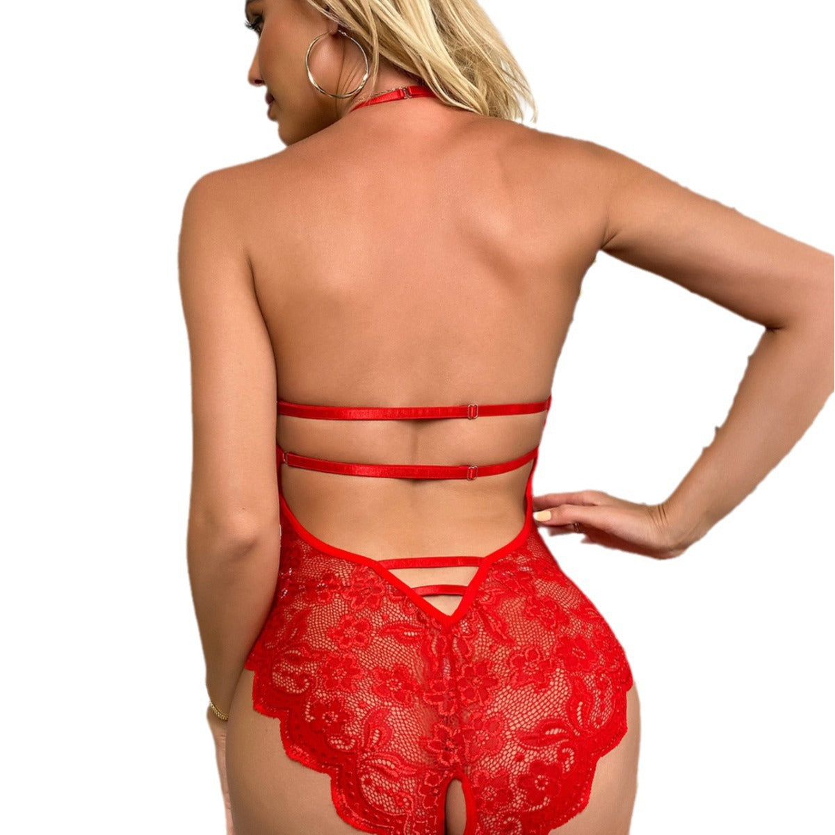 Lace and fur patchwork halterneck sexy bodysuit