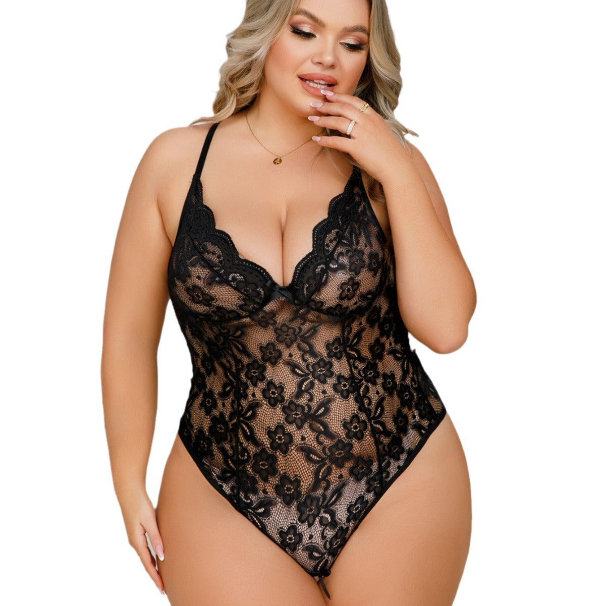 Private hollow lace see-through strap sexy jumpsuit