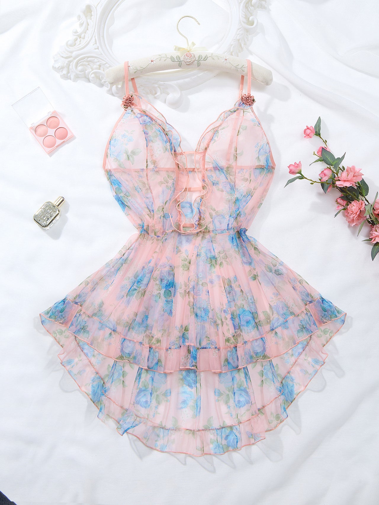 Large-Size Printed See-Through Suspender Lingerie