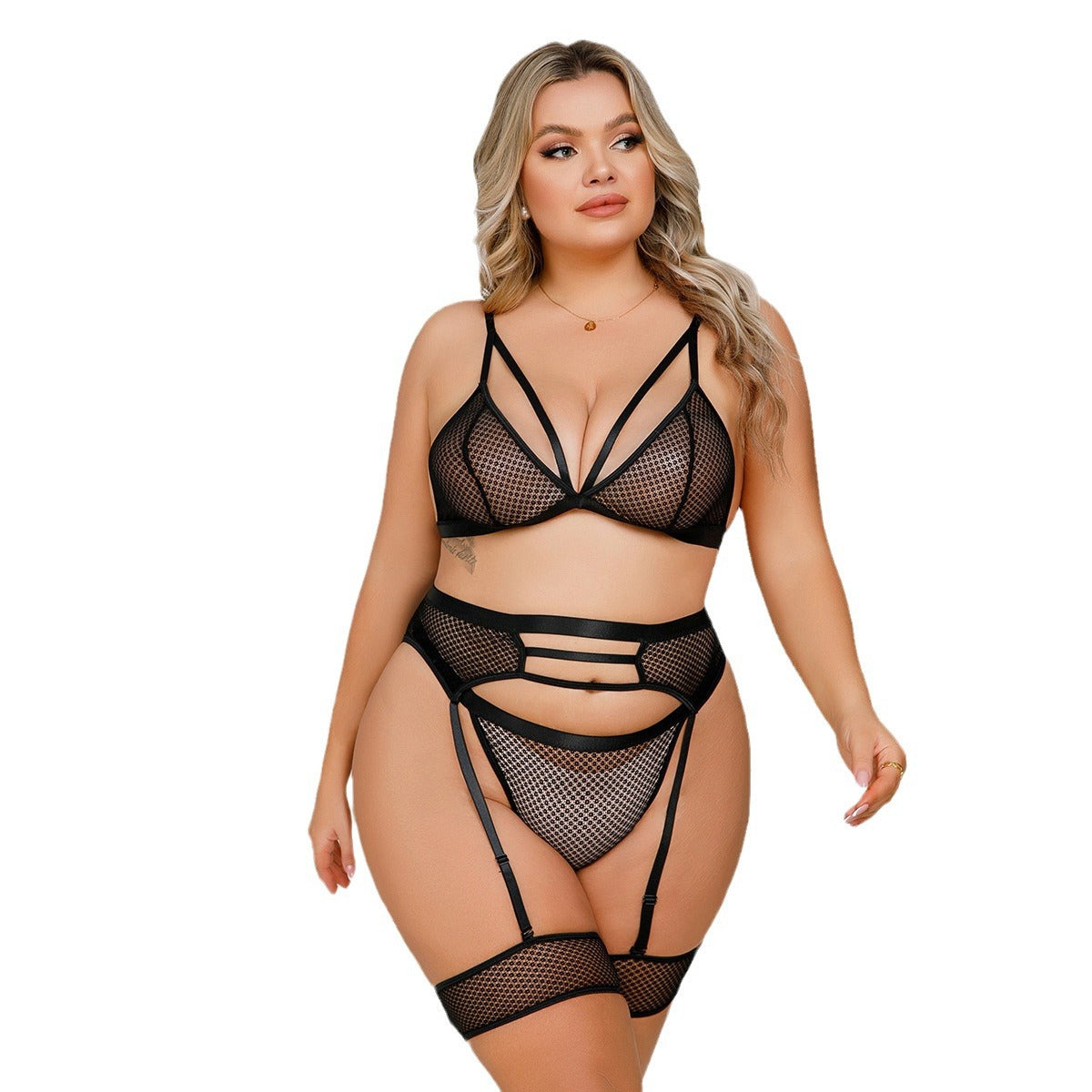 Large mesh hollow elastic three-piece suit
